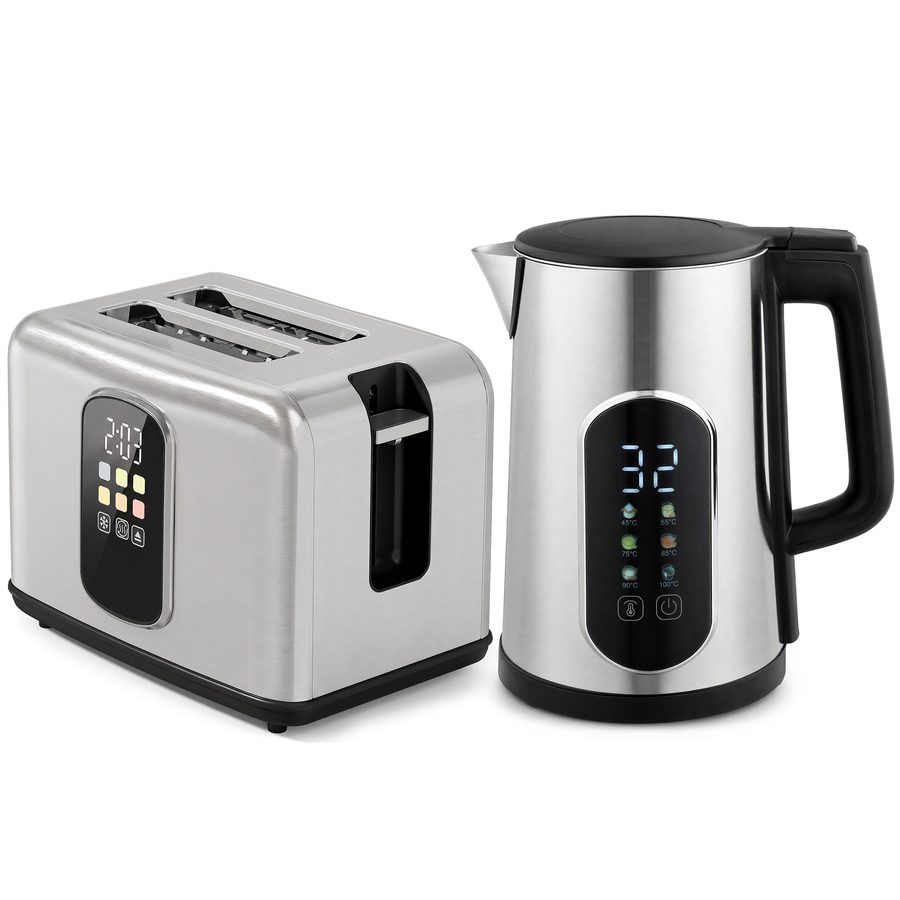 HOMCOM Wasserkocher und Toaster Set, 2200 W, 1,5 L Edelstahl Schnell Wasserkocher mit 45°-100° Warmhalte-& Memory-Funktion,  LED-Touchscreen 2 Scheiben Toaster mit 6 Bräunungsstufen, Frühstückset   Aosom