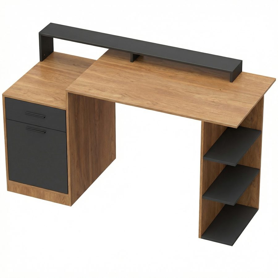 HOMCOM Bürotisch 140x60 cm, Computertisch mit Schubladen & Stauraum,Schreibtisch mit Regal und Schrank,PC Tisch für Arbeitszimmer, Eiche   Aosom