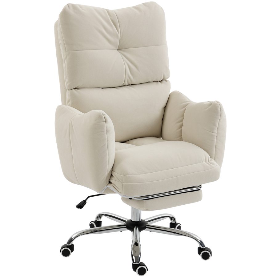 HOMCOM Bürostuhl, Ergonomischer Schreibtischstuhl mit Fußstütze, Schneeweißer Flanellstoff, Dicke Polsterung, Gepolsterte Armlehnen, Hohe Rückenlehne und Höhenverstellbar, Cremeweiß   Aosom