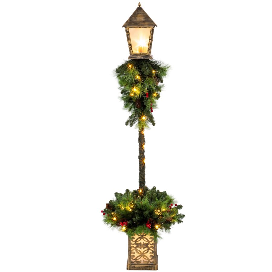Outsunny Weihnachts-Straßenlaterne, 150 cm Wegleuchte mit 50 Warmweißen LEDs, 159 PVC-Zweigspitzen, Roten Beeren, Tannenzapfen, Weihnachtsdeko für Außenbereich, Haustür und Veranda   Aosom von Outsunny