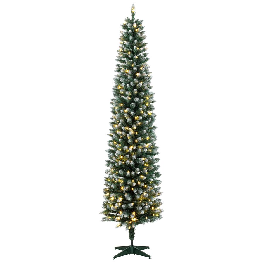 HOMCOM Schmaler Weihnachtsbaum mit 170 bicolor-LEDs, 180 cm, schneebedeckter Tannenbaum, 351 schwer entflammbare Zweige, 11 Modi, Fernbedienung, Stahlgestell, Grün und Weiß   Aosom