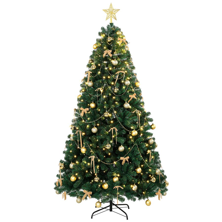 HOMCOM Weihnachtsbaum mit 296 warmweißen LEDs, 230 cm, dekorativer Weihnachtsbaum, 1405 feuerhemmende Spitzen, Spitze, 42 Kugeln, 30 Schleifen und goldene Dekoration, Grün   Aosom