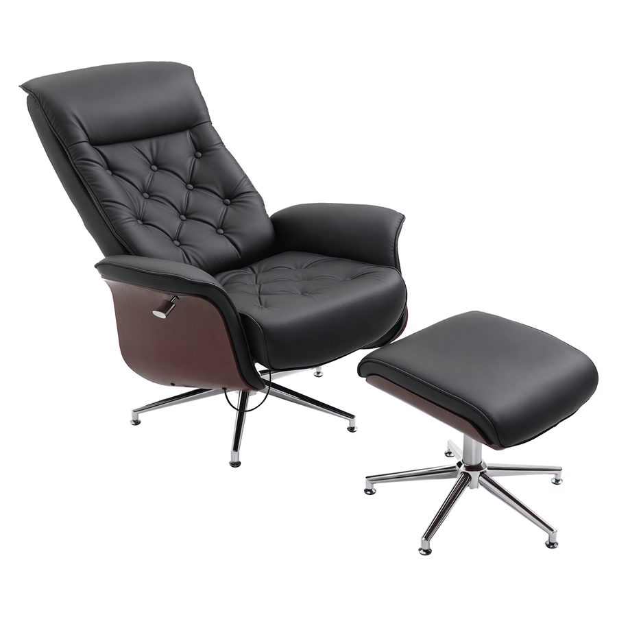 HOMCOM Relaxsessel mit Hocker 360° drehbar 145° neigbar Chesterfield Polstersessel PU-Bezug Holzverkleidung Metallfuß 82x83x110cm für gemütliches Sitzen   Aosom.de