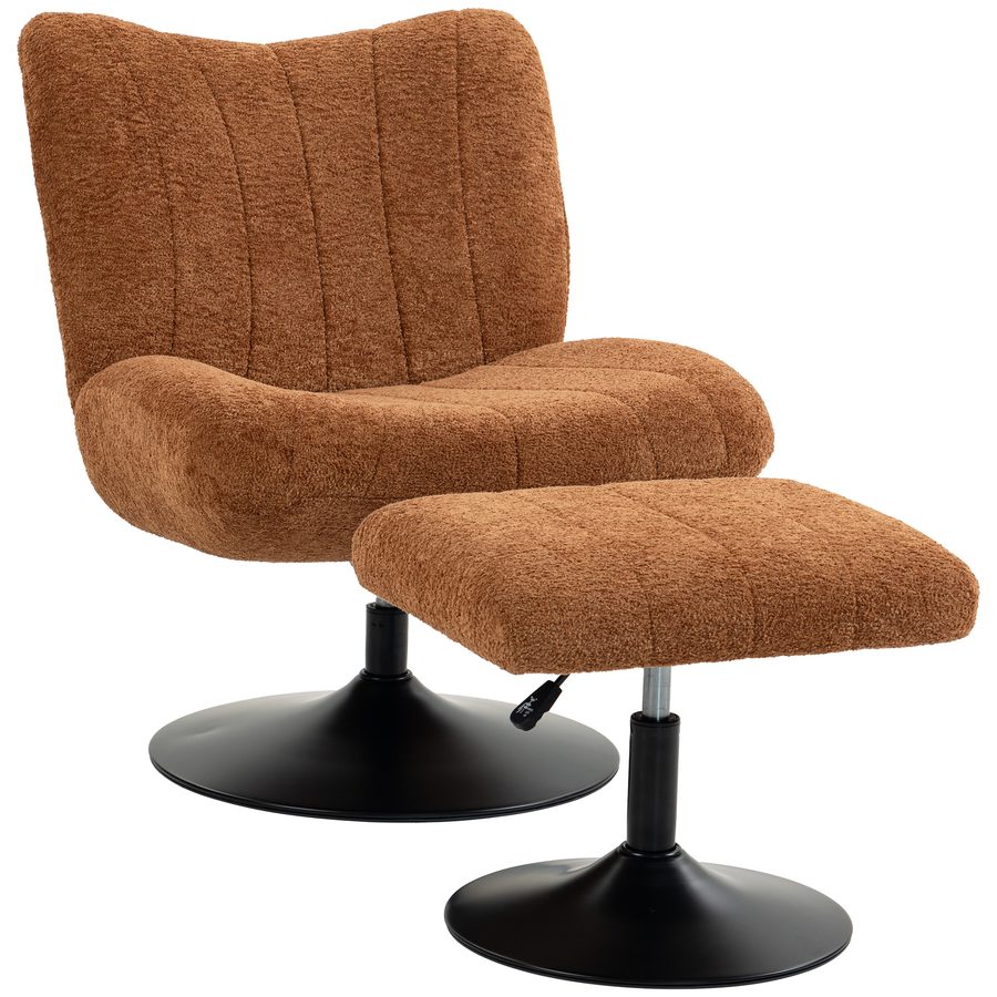 HOMCOM Wohnzimmerstuhl mit höhenverstellbarem Fußhocker, gesteppter Beistellsessel aus samtartigem Stoff mit Tropfenmuster, 360° drehbar, große Sitzfläche, moderner Stil, Sessel für Wohnzimmer/Schlafzimmer, Braun   Aosom