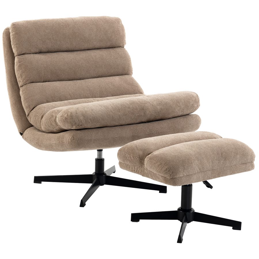 HOMCOM Wohnzimmersessel mit höhenverstellbarem Fußhocker, Rotation 360 °, gesteppter Leinen-Sessel, breite Sitzfläche, dicke Polsterung, moderner Stil, Sessel für Wohnzimmer, Schlafzimmer, Büro, Braun   Aosom