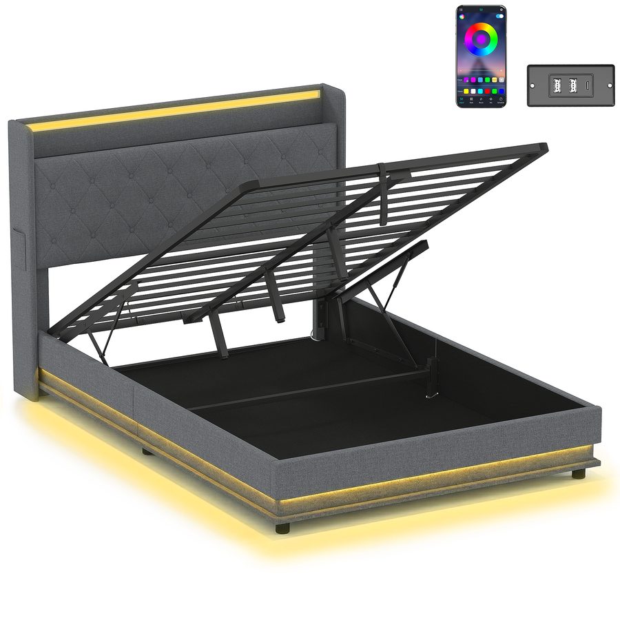 HOMCOM Bett 140x200 cm Bettgestell mit USB-A- und USB-C-Anschluss, RGB LED-Beleuchtung, Metallbett mit gepolstertem Kopfteil, offenem Regal, Unterbettaufbewahrung Doppelbett, Grau   Aosom