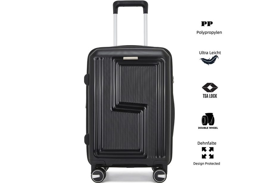 Super Solu Hartschalen-Trolley Koffer Reisekoffer PP-Polypropylen, Erweiterbarer Hartschalenkoffer, 4 Rollen, 20 Zoll Handgepäck, Schwarz, leicht & robust, TSA-Zahlenschloss