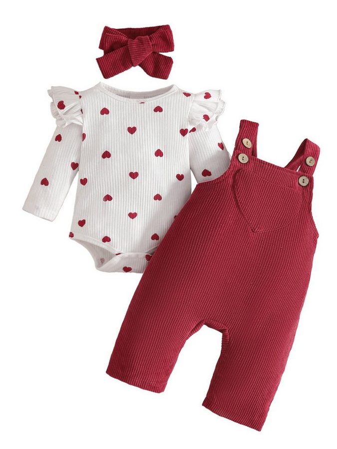 Lapastyle Overall Baby Mädchen bedruckte Langarmbody, Cord-Latzhose und Stirnband (Set, 3-tlg) Lässiger Anzug im Colorblocking Stil, geeignet für Frühling und Herbst
