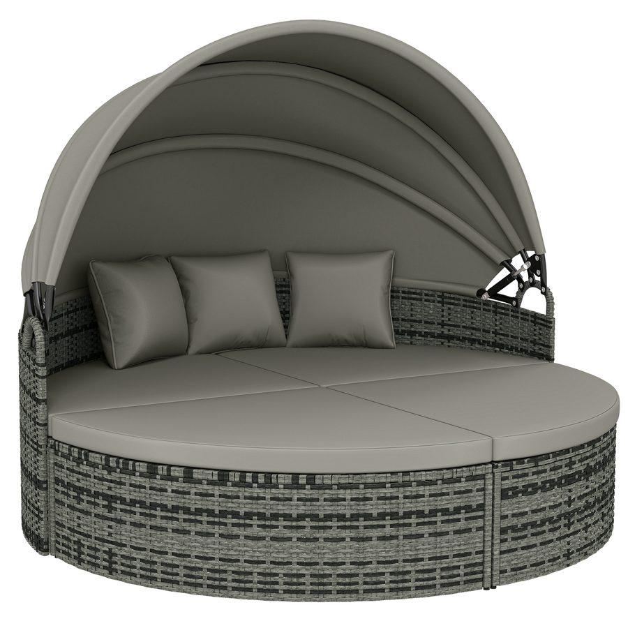 Outsunny Rundes Sonnenbett, modulares 3-tlg. Gartenbett aus geflochtenem PE-Rattan mit einziehbarem Sonnendach, Kissen und Polstern, Relax-Liege für Pool, Terrasse, Veranda, Hellgrau   Aosom
