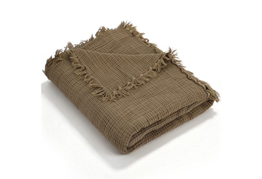 BlingBin Tagesdecke Musselin-Decke, 100% Baumwolldecke Erdbraun, 150x200 cm, Rustikale Decke für Couch, Sofa, Stuhl, Bett