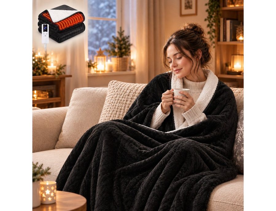 Ledklang Heizdecke Elektrische 180x130cm,Schwarz/Grau,Überhitzungsschutz,Waschbare, 6 Heizstufen, Timer & waschbar bei 30 °C, für Sofa Bett Couch Weiche Flanell-Heizdecke Wohnzimmer Schlafzimmer