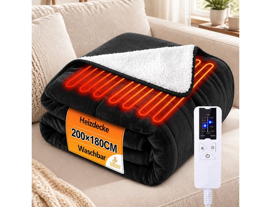 Nettlife Heizdecke Elektrisch mit 6 Heizstufen & Timer,Waschbare,Schwarz, für Bett, Sofa & Camping( 200x180 cm/180x130cm) , mit Überhitzungsschutz,Einfache Reinigung
