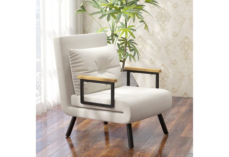 HOMCOM Schlafsofa Schlafsessel mit Schlaffunktion, Lendenkissen und Samtoptik, Verstellbare Sessel 1 Teile, 73 x 63 x 81 cm, Cremeweiß