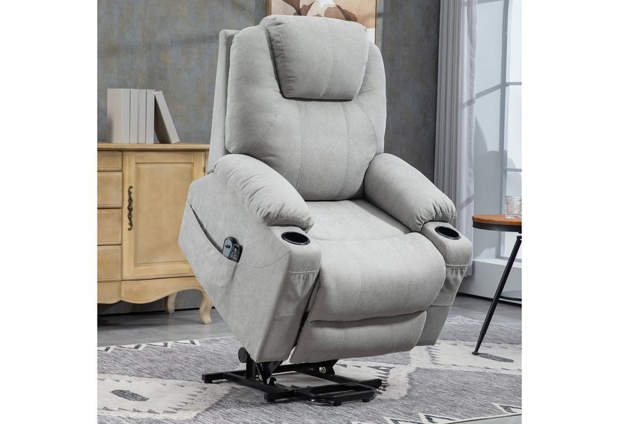 HOMCOM Massagesessel TV-Sessel mit Aufstehhilfe Elektrisch, Massagefunktion, Heizfunktion (Fernsehsessel mit Fernbedienung, 1-St., Relaxsessel mit Liegefunktion), für Arbeitszimmer, Wohnzimmer, Hellgrau von HOMCOM