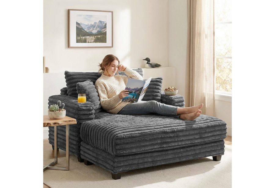 HOMCOM Schlafsofa 2 Sitzer Chaiselongue Groß Sofa, Cord-Optik, Wurfkissen, Armlehne, Sofabett 1 Teile, Mit Becherhalter und Bettfunktion von HOMCOM