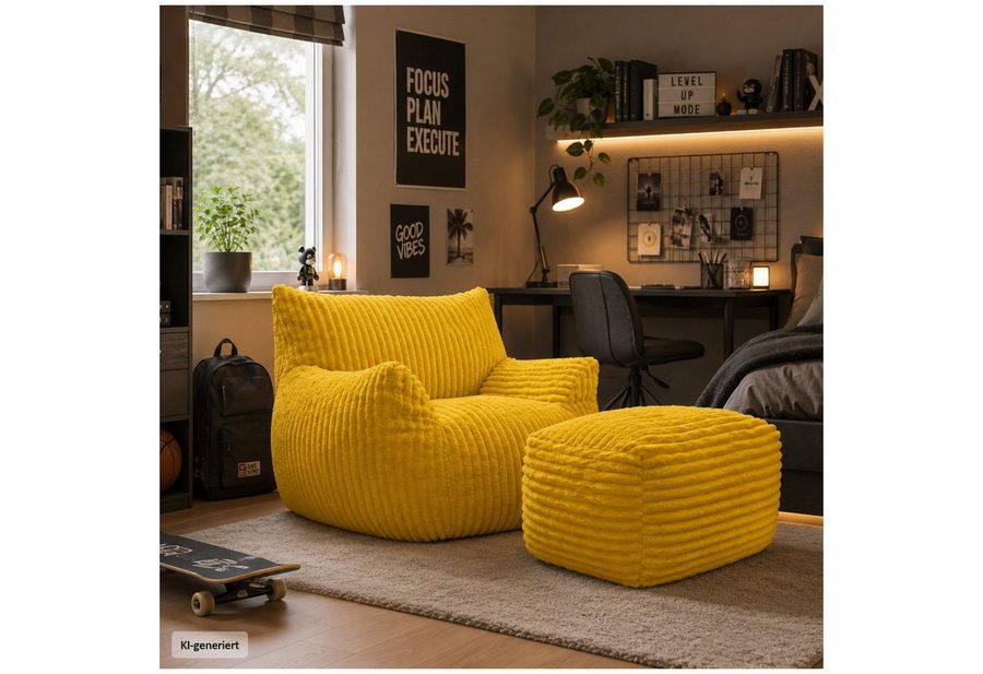 HTI-Living Loungesessel Softsessel Adina mit Hocker Gelb Sitzsack Bodensessel 103 x 70 x 90 cm (Set, 2-St), gemütliche Sitzhöhe