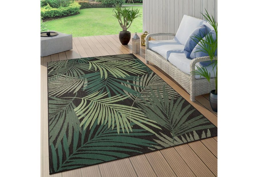 Paco Home Teppich Ostende 534, rechteckig, Höhe: 4 mm, Flachgewebe, Motiv Palmenblätter, In- und Outdoor geeignet, Wohnzimmer von PACO HOME