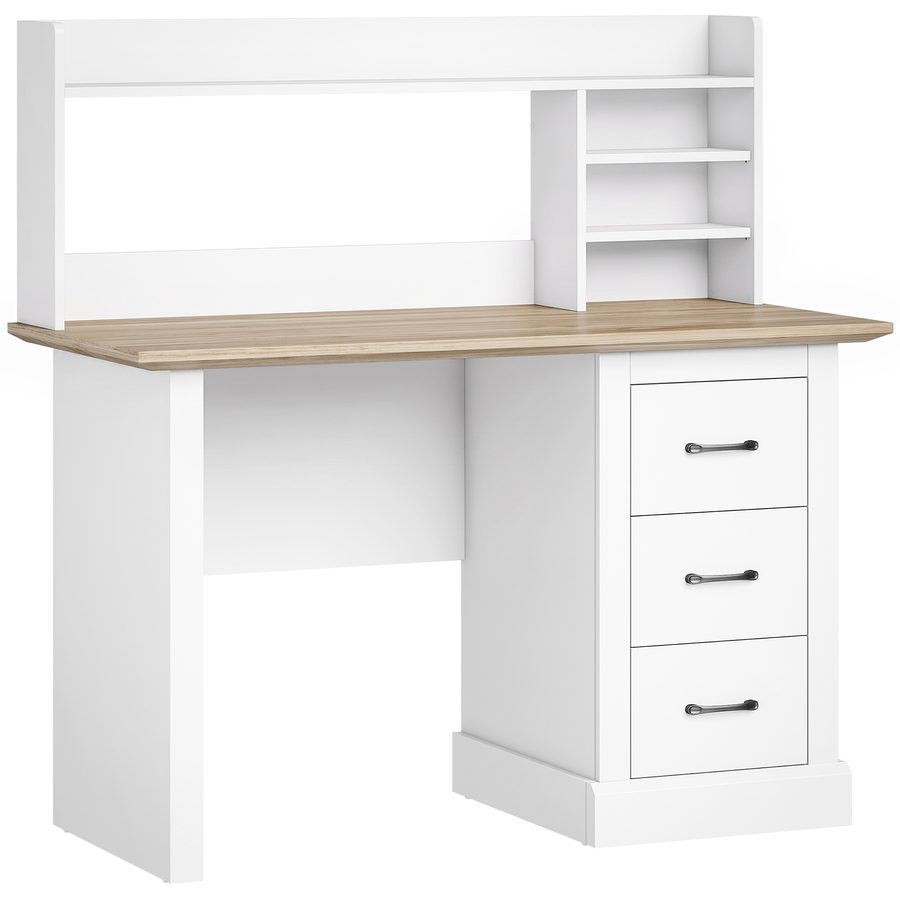 HOMCOM Computertisch mit 3 Schubladen, 120x55cm, Schreibtisch mit Stauraum, Offene Regale und Große Tischplatte, Schreibtisch für Wohnzimmer, Zuhause, Kleine Räume, Eiche und Weiß   Aosom