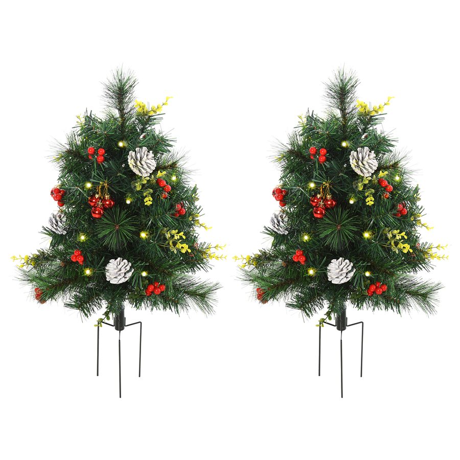 HOMCOM 2er Set Mini Weihnachtsbäume künstlich mit Tannenzapfen rote Beeren Kugeln und warmweißen LED Lichtern Ø33 x 75 cm für festliche Dekoration   Aosom.de