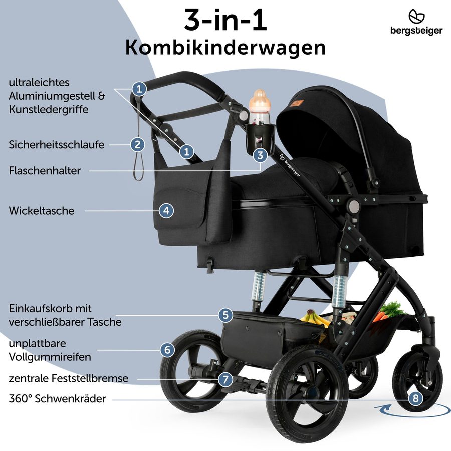 Bergsteiger Kinderwagen Nizza + Babyschale + Isofix-Station schwarz