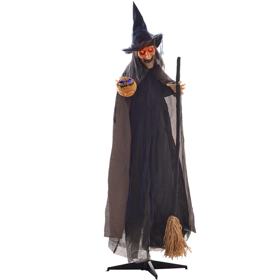 HOMCOM 190cm Halloween Dekoration Halloween-Hexe mit LED-Lichter, Soundfunktion, Haustür Deko mit verstellbare Arme, Garten Dekofigur in Lebensgröße für Party   Aosom