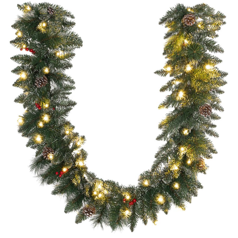 HOMCOM Weihnachtsgirlande 1,8m mit Beleuchtung 50 LEDs Tannengirlande mit Tannenzapfen Beeren Weihnachtsdeko Künstliche Girlande Weihnachtsgirlande mit Timer für Innen & Außen, Grün   Aosom