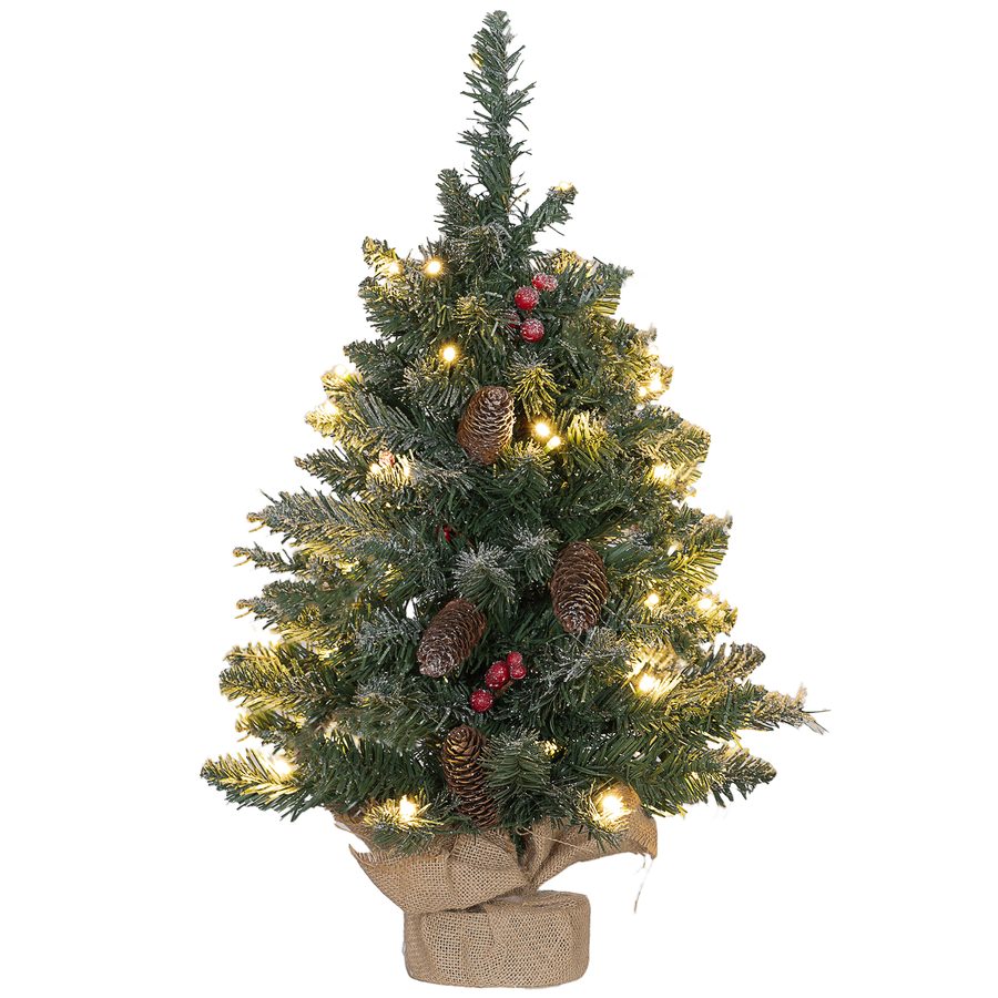 HOMCOM Künstlicher Weihnachtsbaum, 0,6 m Christbaum mit Tannenzapfen 86 Astspitzen mit 50 warmweißen LED, für Weihnachtsfest, Indoor, Grün+Weiß   Aosom