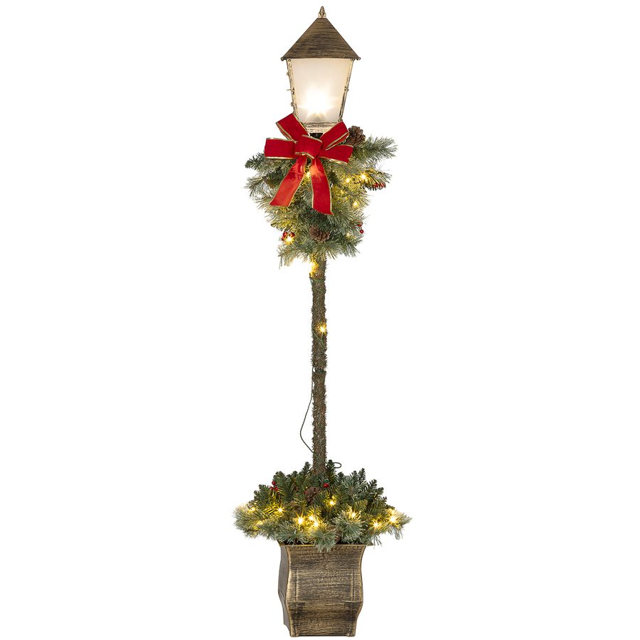 Outsunny 150 cm Weihnachtslaterne Weihnachtsbeleuchtung mit LED-Lichterkette Tannenzapfen Beeren Schleife für Weihnachtsfest Metall Grün   Aosom von Outsunny