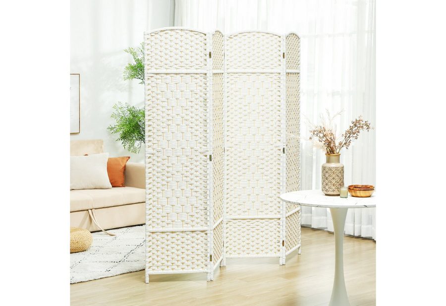 HOMCOM Paravent Raumtrenner Stellwand Sichtschutz Naturholz (Raumteiler, 1 St., Trennwand), 180 x 1,7 x 180 cm, Weiß