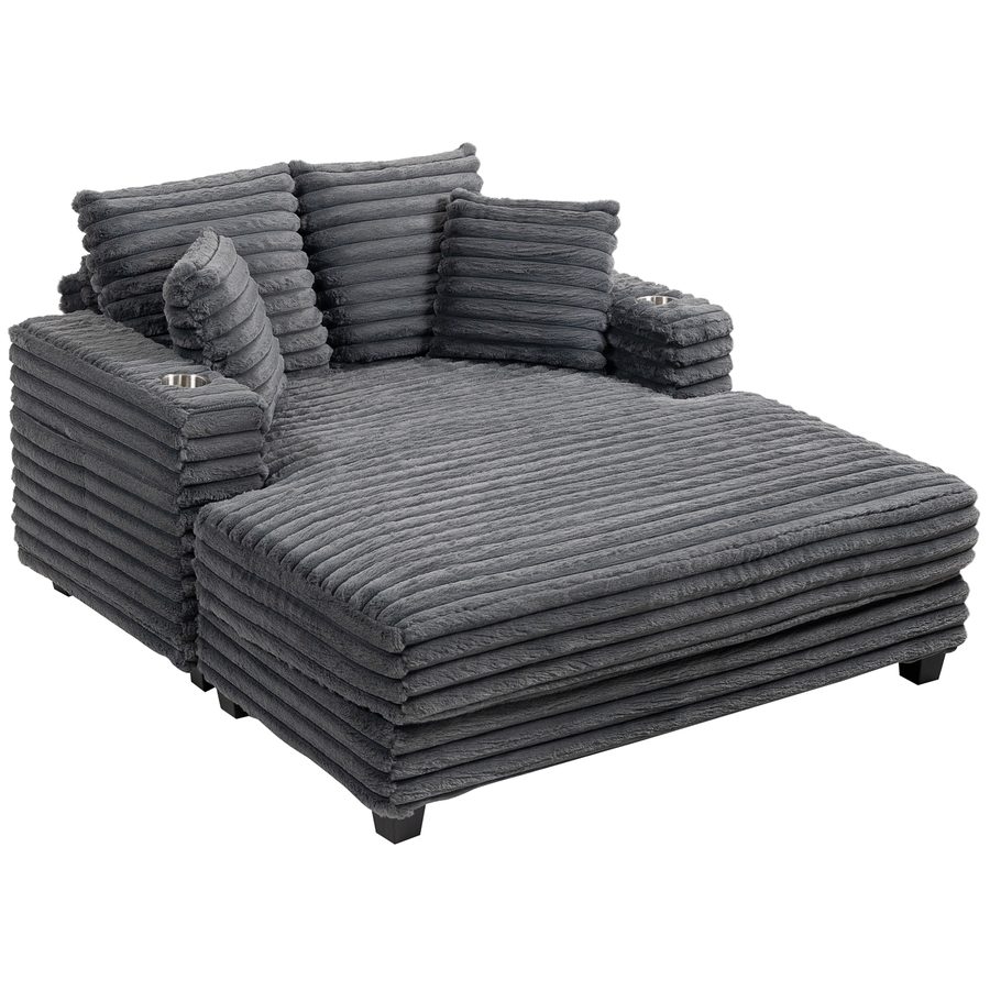 HOMCOM Schlafsofa 2 Sitzer Chaiselongue 134 x 151 cm Groß Sofa mit Bettfunktion, Cord-Optik, Wurfkissen, Armlehne und Becherhalter Couch für Wohnzimmer, Schlafzimmer, Grau   Aosom