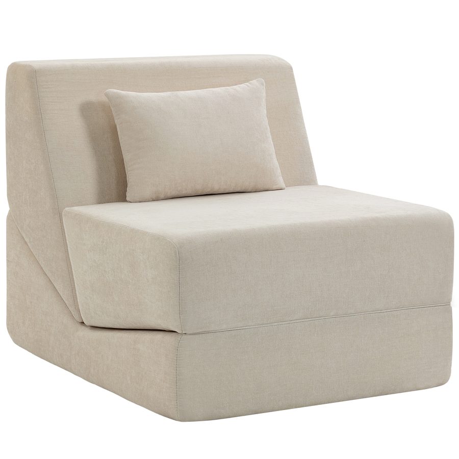 HOMCOM 3‑in‑1 klappbares Schlafsofa 1‑Sitzer, Chenille‑Chauffeuse, Gästematratze, breite Sitzfläche, Kissen und Rückenlehne, komprimiert, ohne Montage, für Wohnzimmer, Schlafzimmer, kleine Räume, Beige   Aosom
