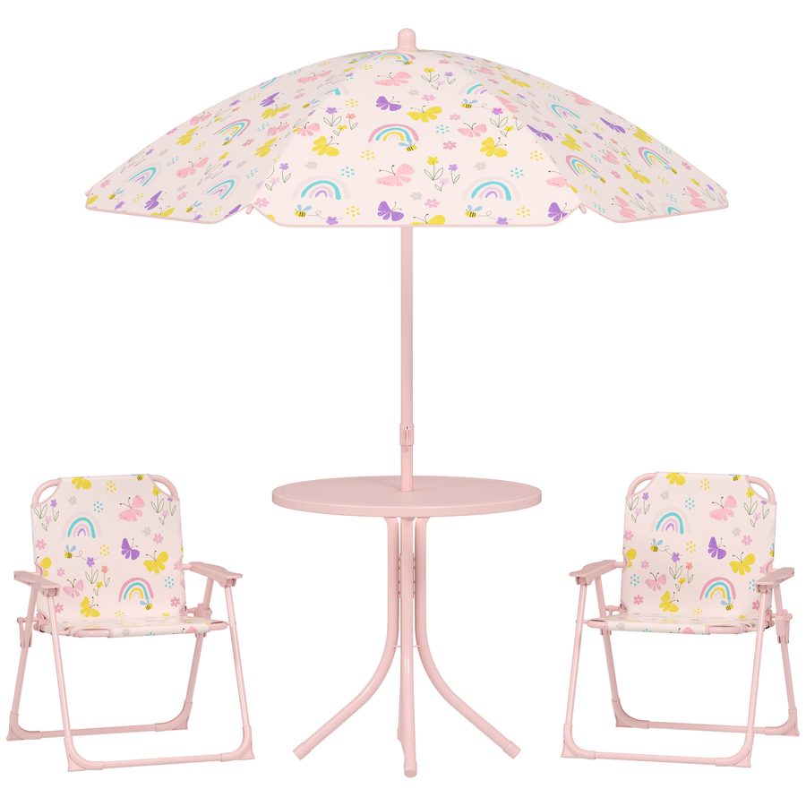 AIYAPLAY Kindersitzgruppe mit Sonnenschirm Höhenverstellbar Kindersitzgarnitur Kindertisch mit 2 Klappstühlen Sitzgarnitur Kinder Sitzgruppe Outdoor Gartenmöbel für Garten Strand, Rosa   Aosom