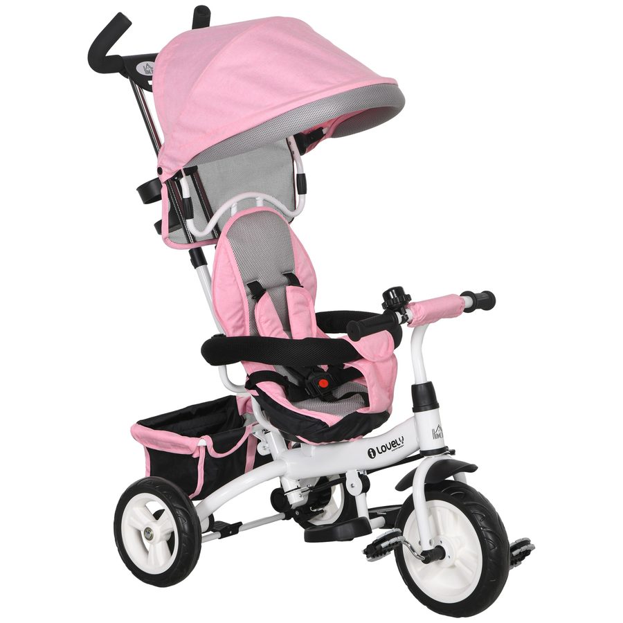 HOMCOM 6-in-1 Dreirad mit Schubstange, Kinderdreirad mit abnehmbarem Sonnendach, Laufrad mit 5-Punkt-Sicherheitsgurt, Korb, Getränkehalter, für 1-5 Jahre Kinder, Rosa   Aosom