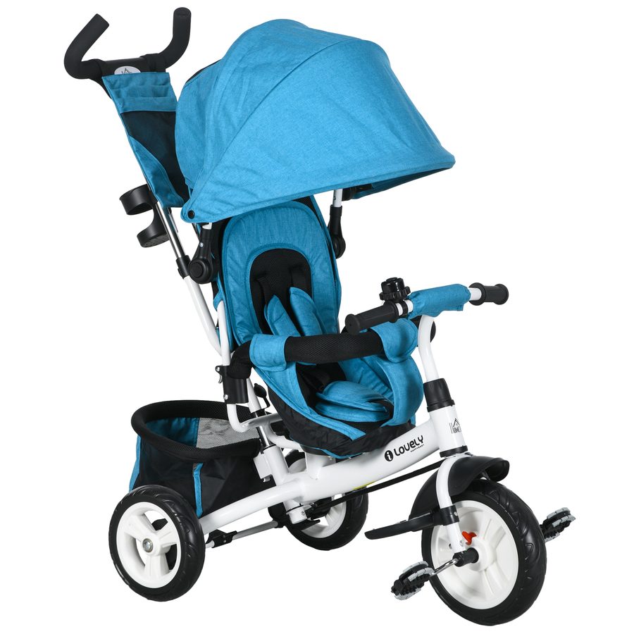 HOMCOM 6-in-1 Dreirad mit Schubstange, Kinderdreirad mit abnehmbarem Sonnendach, Kissen, Laufrad mit 5-Punkt-Sicherheitsgurt, Korb, Becherhalter, für 1-5 Jahre Kinder, Blau   Aosom