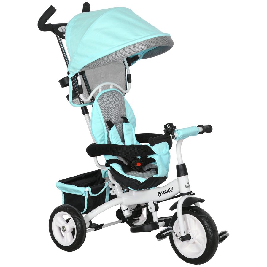 HOMCOM 6-in-1 Dreirad mit Schubstange, Kinderdreirad mit abnehmbarem Sonnendach, Laufrad mit 5-Punkt-Sicherheitsgurt, Korb, Getränkehalter, für 1-5 Jahre Kinder, Grün   Aosom