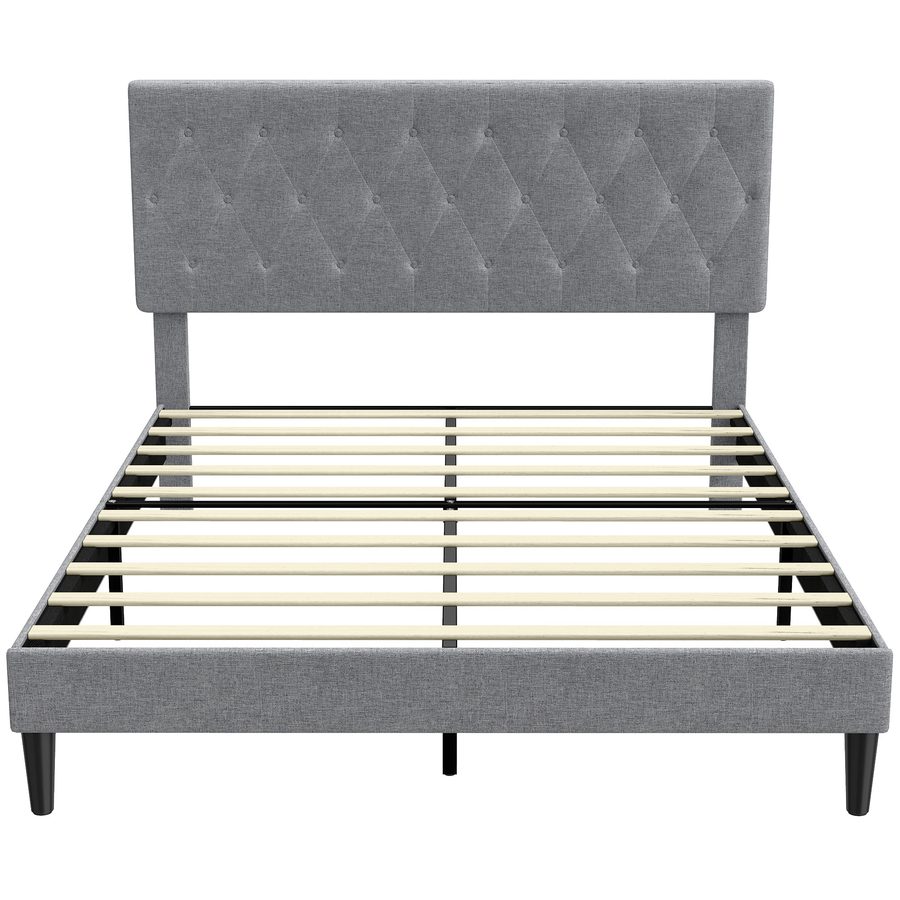 HOMCOM Bettgestell 140 x 190 cm mit Lattenrost, Gepolstertes Doppelbett mit Leinenbezug, Gepolstertes Kopfteil, 10 Latten, Schaumpolster, Robuste Stahlfüße, Grau   Aosom