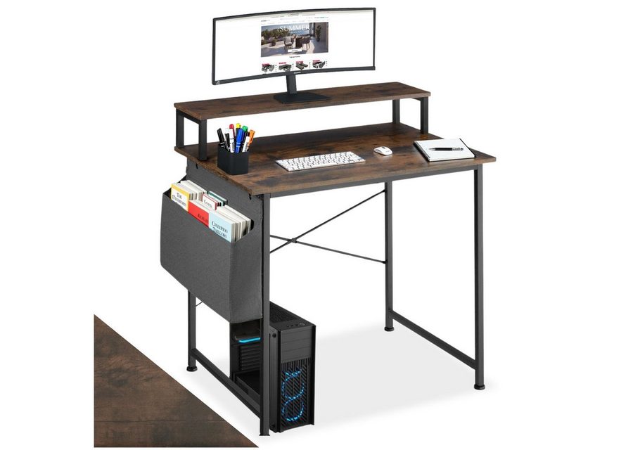 tectake Schreibtisch Bürotisch mit Monitorständer und Aufbewahrungstasche, 80 x 55 x 90 (Arbeitstisch mit Ablage Everett, 1-St., in Industrial Holz dunkel, rustikal), Holz und Stahl, mit höhenverstellbaren Kunststofffüßen