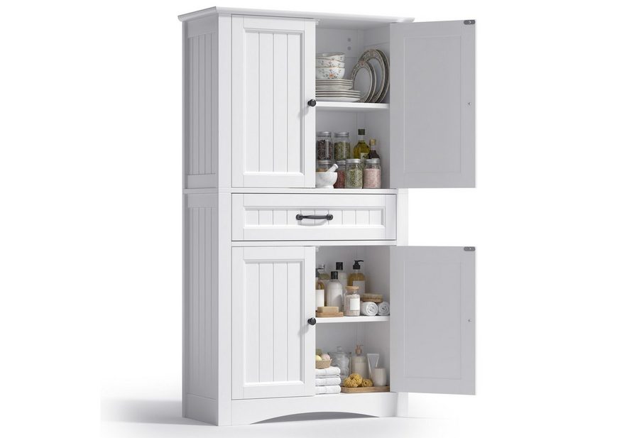 Blishom Hochschrank Badschrank mit 2 Türen und Schublade MDF Weiß 73x31x132 cm von Blishom