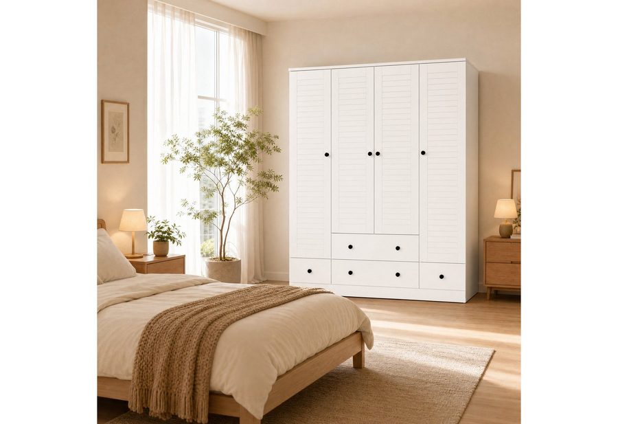 FUFU&GAGA Kleiderschrank 150cm Rollladentür Weiß, 5 Schubladen, Garderobe von FUFU&GAGA