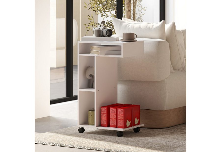 HOMCOM Beistelltisch Nachttisch mit 4 Regalen, Rollen, Couchtisch (Sofatisch, 1-St., Laptoptisch), Betttisch, für Esszimmer Wohnzimmer, Weiß von HOMCOM