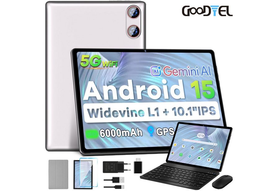GOODTEL Tablet Android 15, WiFi, 30GB RAM 64GB Speicher erweitern bis zu 1TB Tablet (10,1", Android 15, 64GB Speicher/erweiterbar auf 512TB,6000mAh,Gemini AI,WiFi,Widevine L1) von GOODTEL