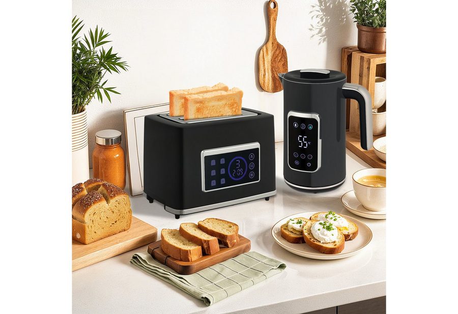 HOMCOM Toaster Wasserkocher 1,7L Edelstahl 2 Scheiben mit 6 Bräunungsstufen, Kocher-Toaster-Set, für Frühstückszubereitung, 2200 W, LED-Touchscreen, Schwarz von HOMCOM