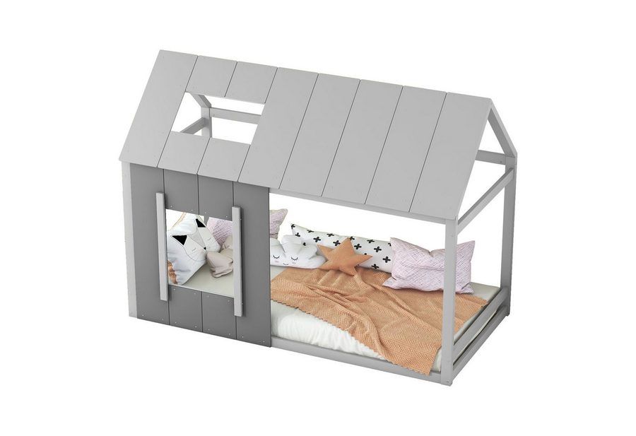 Flieks Kinderbett, Massivholz Einzelbett Hausbett mit Dach und Fenster 90x200cm von Flieks