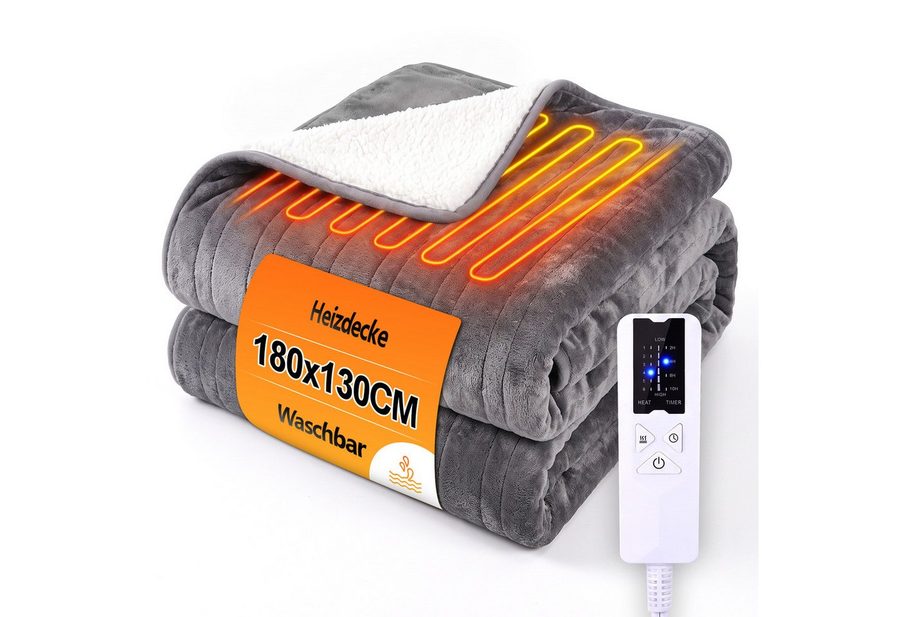 Ledklang Heizdecke Elektrisch Schwarz/Grau Timer Überhitzungsschutz Waschbar Wärmedecke, für das Bett das Sofa und beim Camping( 200x180 cm/180x130cm) , 1-tlg., 6-Stufen-Heizung & Zeitschaltuhr einfache Reinigung bei 30 °C.