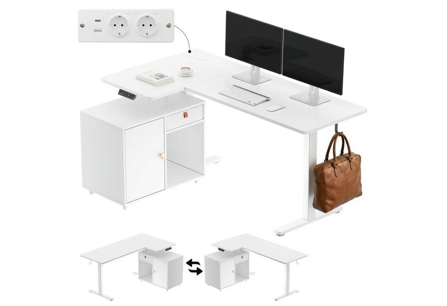 HOMALL Eckschreibtisch L-förmig Höhenverstellbarer schreibtisch mit Schrank und Schublade (Maße: 148 x 80 cm, mit integrierter Steckdose und USB-Anschluss, großzügiger Stauraum: mit Schubladen, Schränken und offenen Ablagefächern, maximale Tragkraft 70 kg) von HOMALL