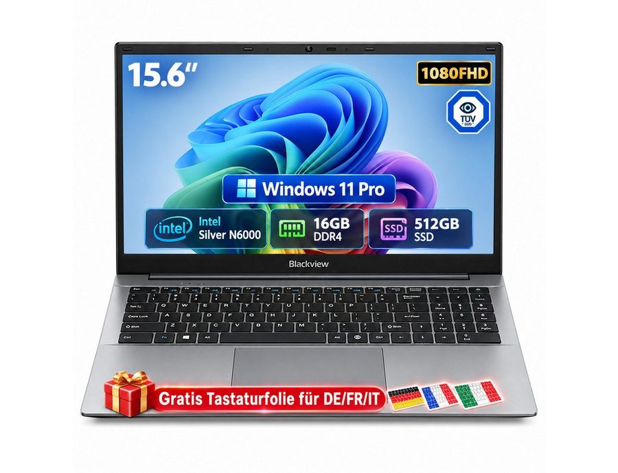 blackview 2026 15.6" FHD IPS Acebook 5 Intel 16GB+512GB Windows 11 Pro Notebook (39,62 cm/15.6 Zoll, Intel N6000 Intel Pentium Silver N6000, Intel UHD Graphics, 8 GB, 256 GB SSD, Windows 11 Pro, FHD+ IPS, Silikon-Tastaturschutz, (deutsche Folie) von blackview