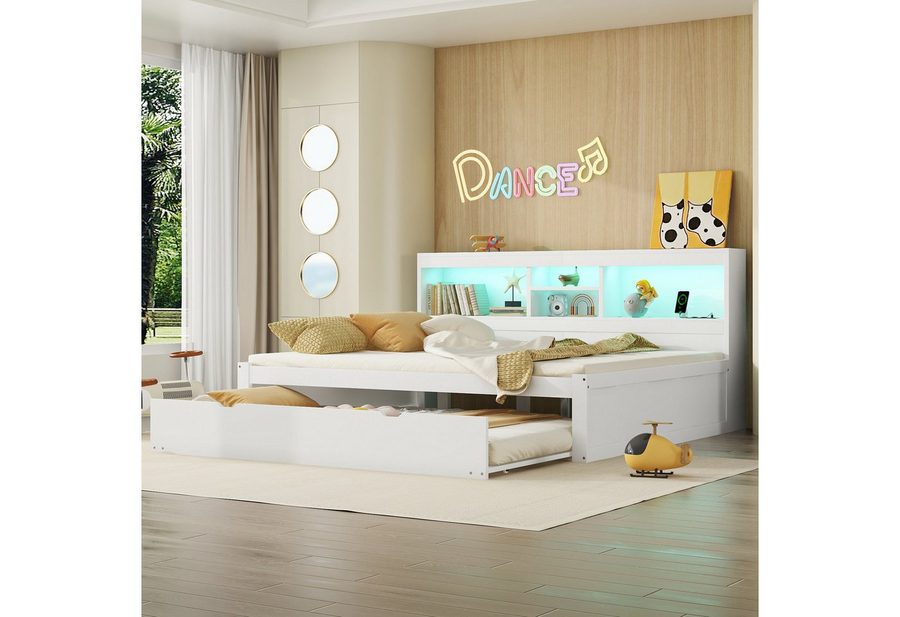 Merax Daybett 140x200cm mit Ausziehbett 90x190cm, Schlafsofa Tagesbett mit LED- Beleuchtung und Staufach von Merax