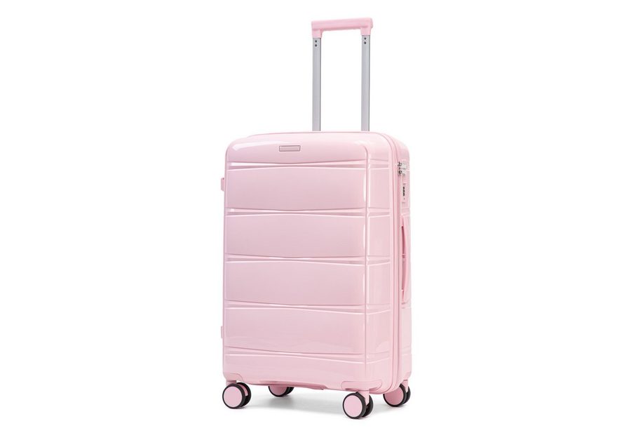 i@home Kofferset 24 Zoll PP-Koffer mit Haken & Seitengriff, 360° Laufrollen, Rosa, 4 Rollen, (1 tlg., 1 Aufgabegepäck), Eisen-Teleskopgriff, Reisekoffer für mittlere Reisen zum Einchecken