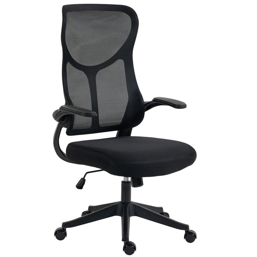 HOMCOM Ergonomischer Bürostuhl mit klappbaren Armlehnen, Tragfähigkeit 120kg, Gepolsterter Drehstuhl mit Wippfunktion und Höhenverstellung, mit atmungsaktivem Netz, Schwarz   Aosom