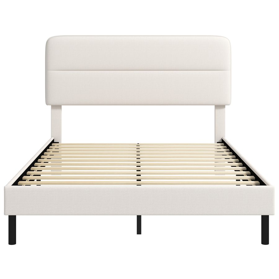HOMCOM Bettgestell 140 x 200 cm mit Verstellbarem Kopfteil, Polsterbett in Leinenoptik, 12 Sperrholzlatten,Doppelbett, ohne Boxspring-Unterbau, einfache Montage, Beige   Aosom